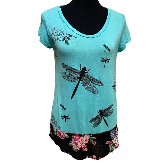 Hand Printed Upcycled Womens Small Dragonfly Floral Rayon Blend Blouse Tee - Picture 1 of 3